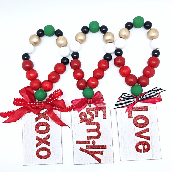 Christmas Door Plaque Sayings in Red Glitter With Wood Bead Hangers, Tier Decor - Picture 7 of 7